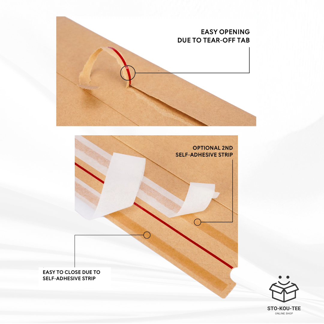 Folding bags with double adhesive and tear strip